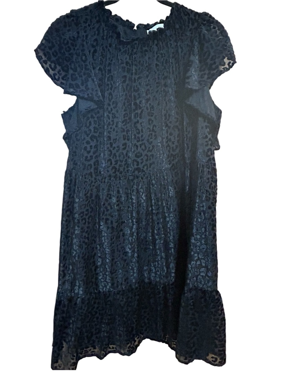 LOFT Black Velvet Burnout Leopard Print Tiered Babydoll Swing Dress Size Large